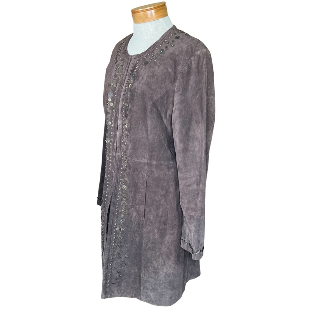 Pamela McCoy Collections Brown Suede Coat With Bronze Beading Trim Large - Picture 16 of 16